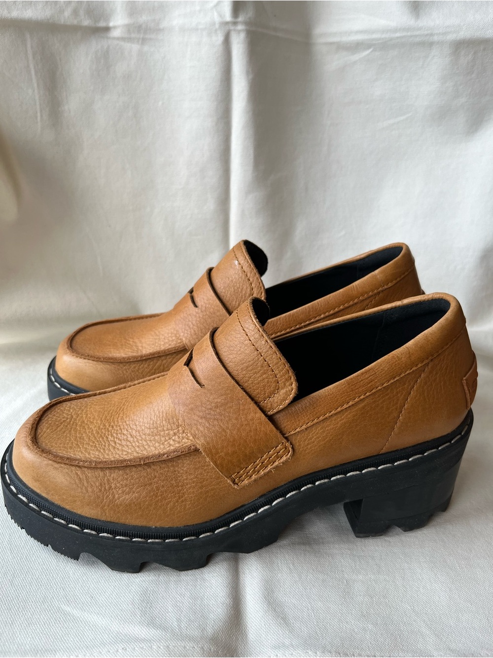 Sorel Tan Leather Chunky Loafer Heels - Women's Penny Loafers